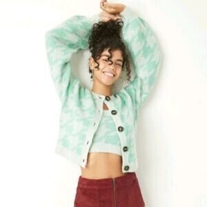 New Wild Fable houndstooth crop balloon cardigan M